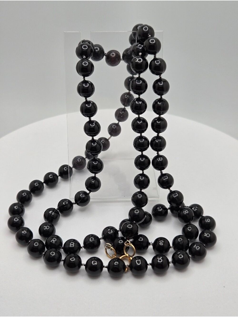 Black Bead Necklace Long Polished Beaded Necklace Gold Tone Clasp 31”